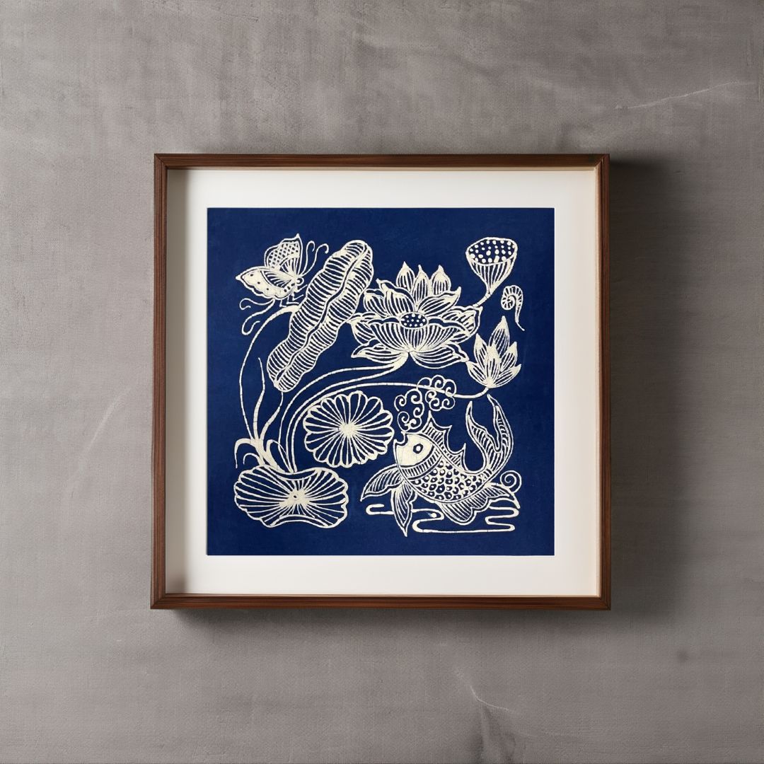 Miao Batik Wall Art With Lotus & FIsh Paintings - Handmade