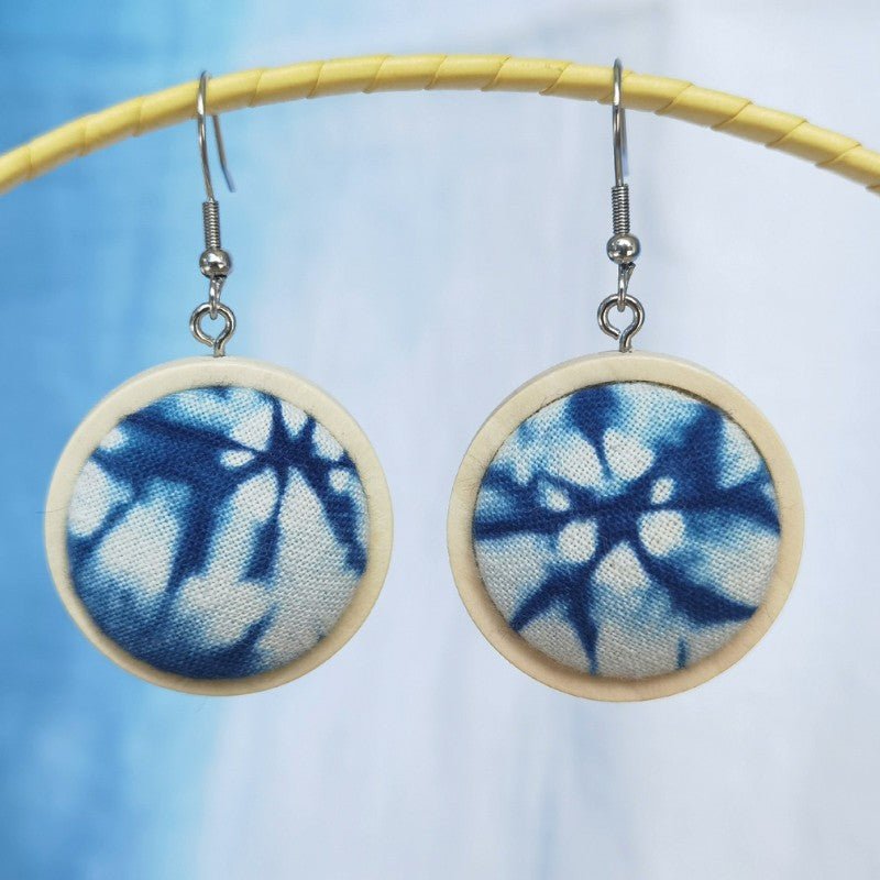 Handmade Miao Batik Wooden Earrings With Lake Blue Earrings - Handmade