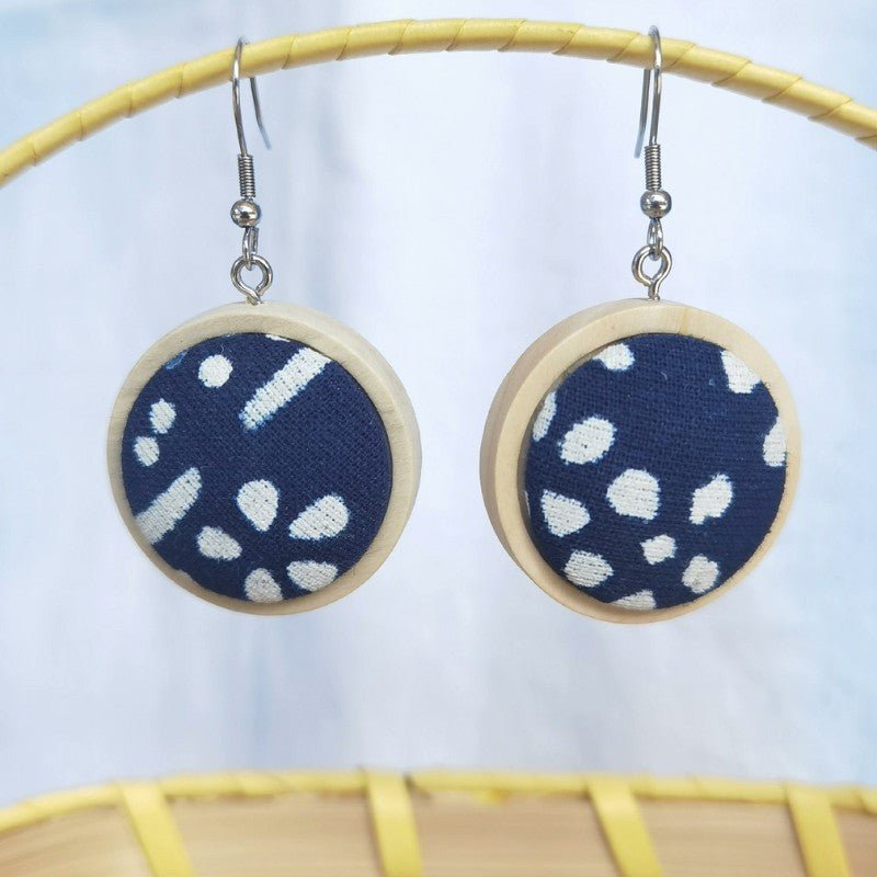 Handmade Miao Batik Wooden Earrings With Navy Blue Earrings - Handmade