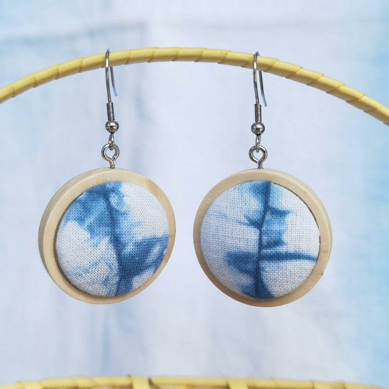 Handmade Miao Batik Wooden Earrings With Sky Blue Earrings - Handmade