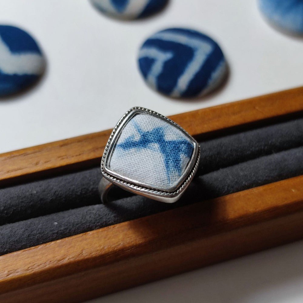 Handmade Miao Silver Fabric Ring With Rhombus2 Rings - Handmade